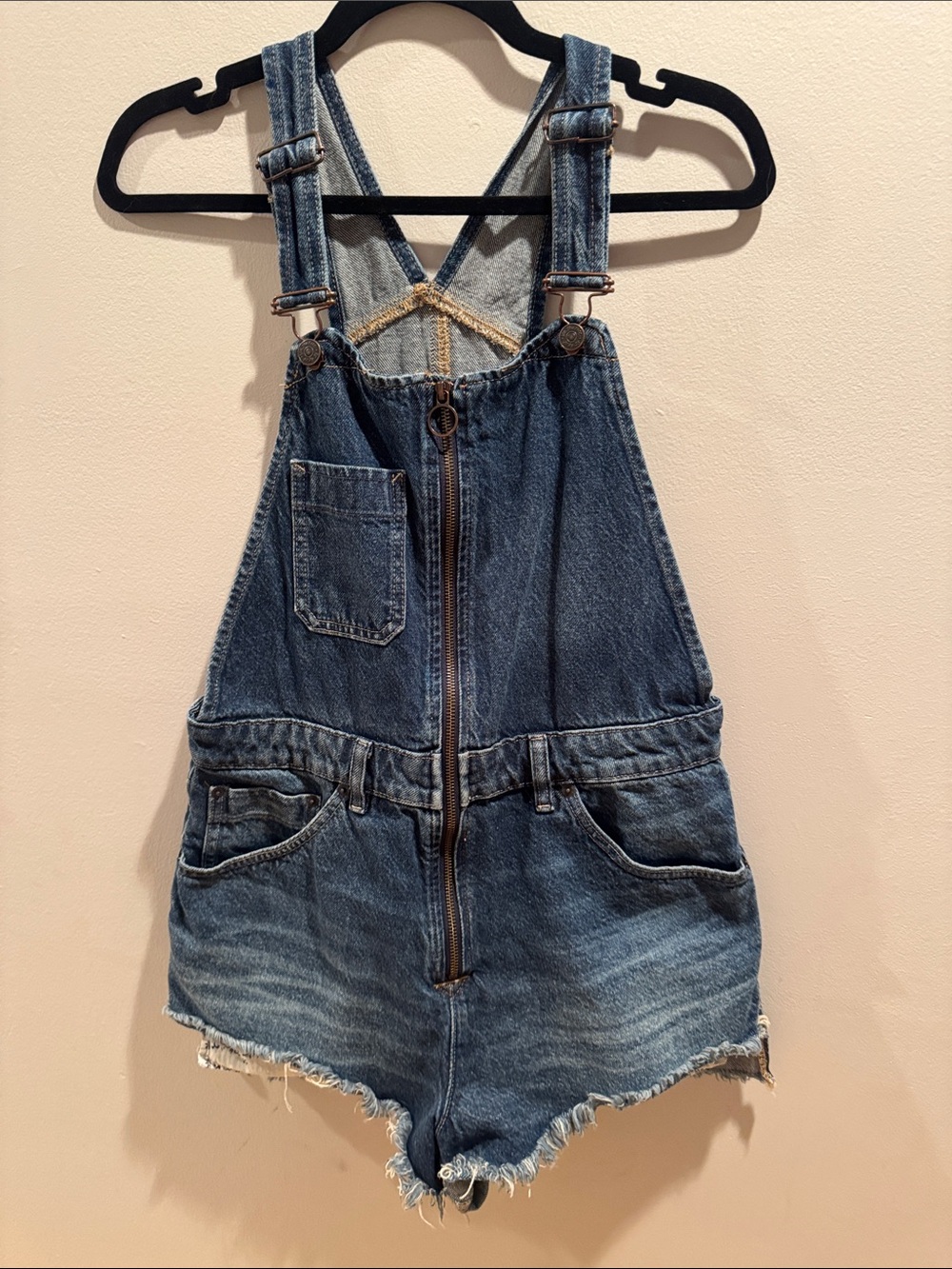 We the Free People Sun-kissed Blue Denim Zip-Front Short Overalls 10 - Picture 2 of 6
